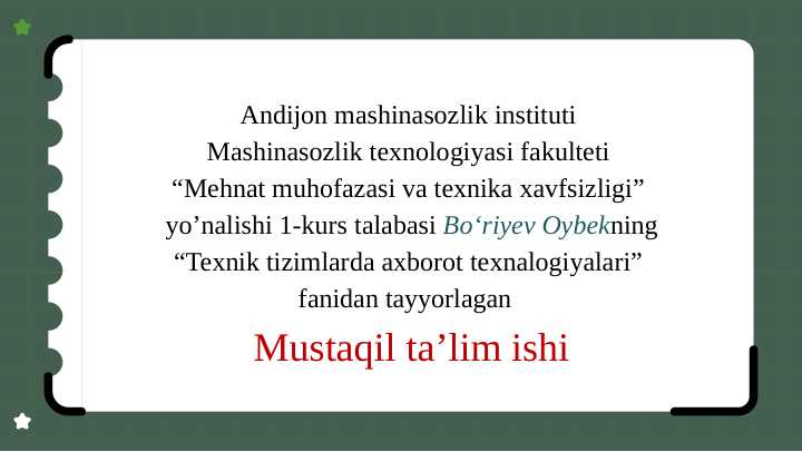 Sohadagi texnik tizimni ifodalovchi muhandislik masalalarini yechish (Soha bo‘yicha MatCAD sistemalarida ishlash).