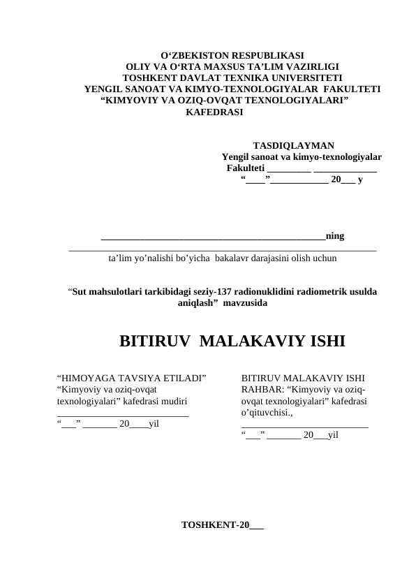 Sut mahsulotlari tarkibidagi seziy-137 radionuklidini radiometrik usulda aniqlash