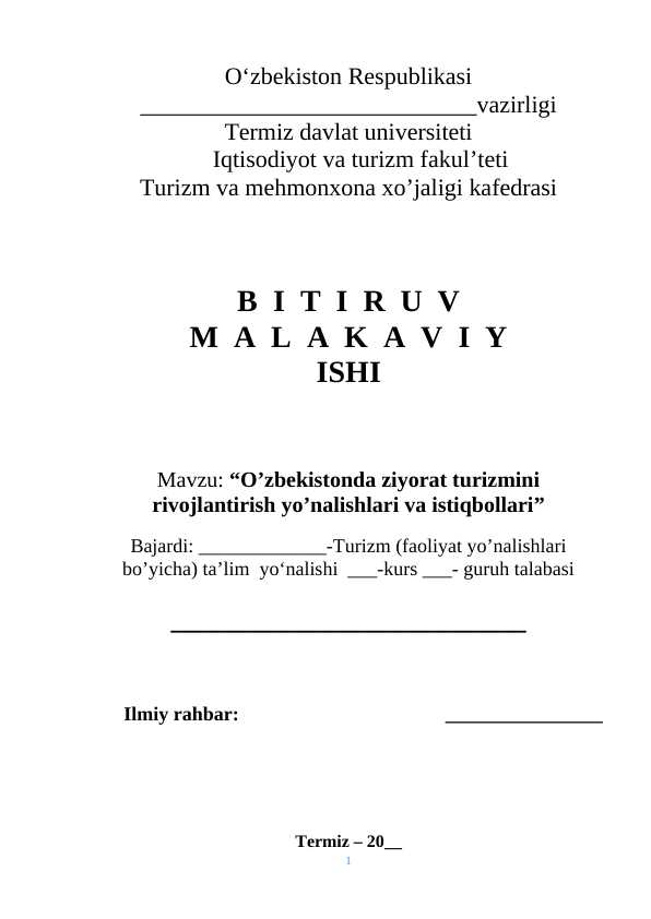 O’zbekistonda ziyorat turizmini rivojlantirish yo’nalishlari va istiqbollari”