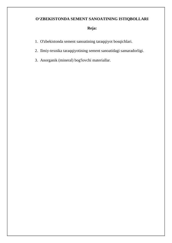 O‘ZBEKISTONDA SEMENT SANOATINING ISTIQBOLLARI