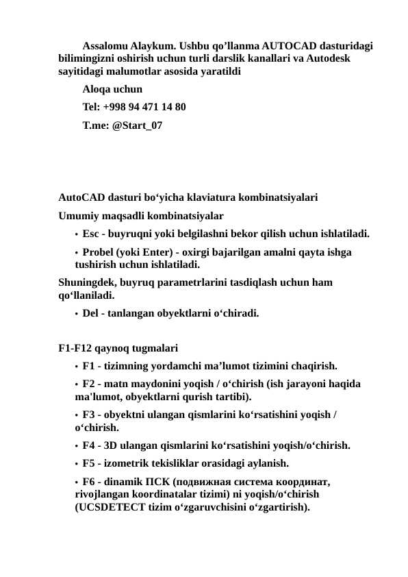 AutoCad tezkor tugmalar