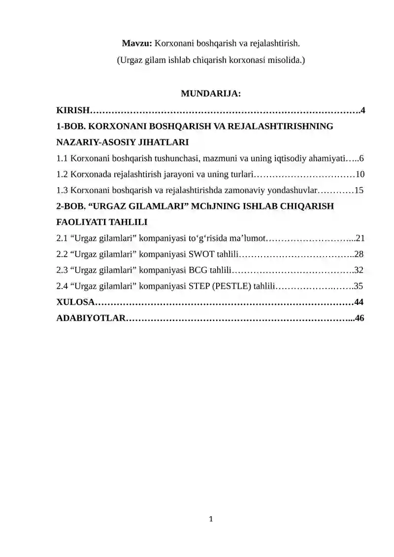 Korxonani boshqarish va rejalashtirish