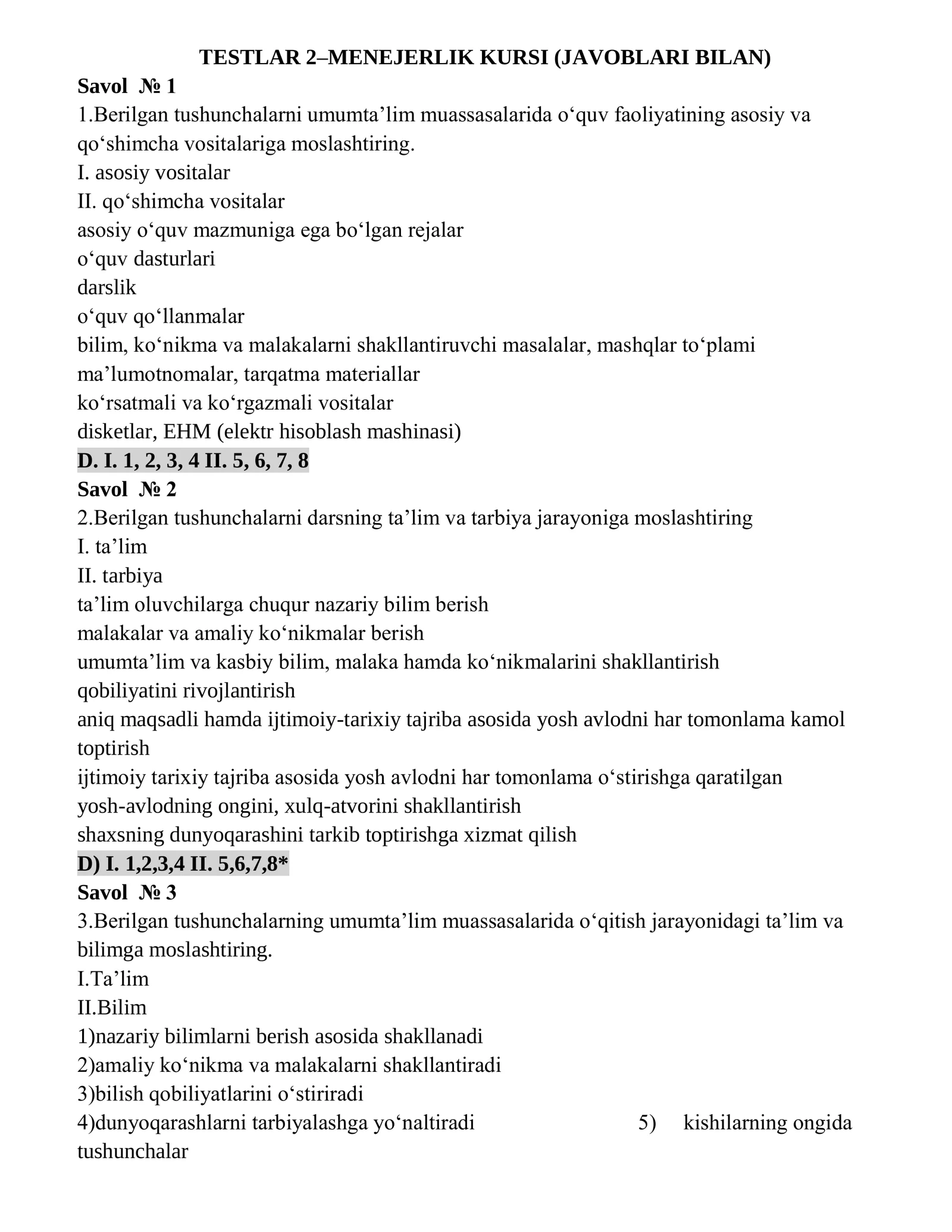 2-Testlar menejerlik (Javoblari bilan)