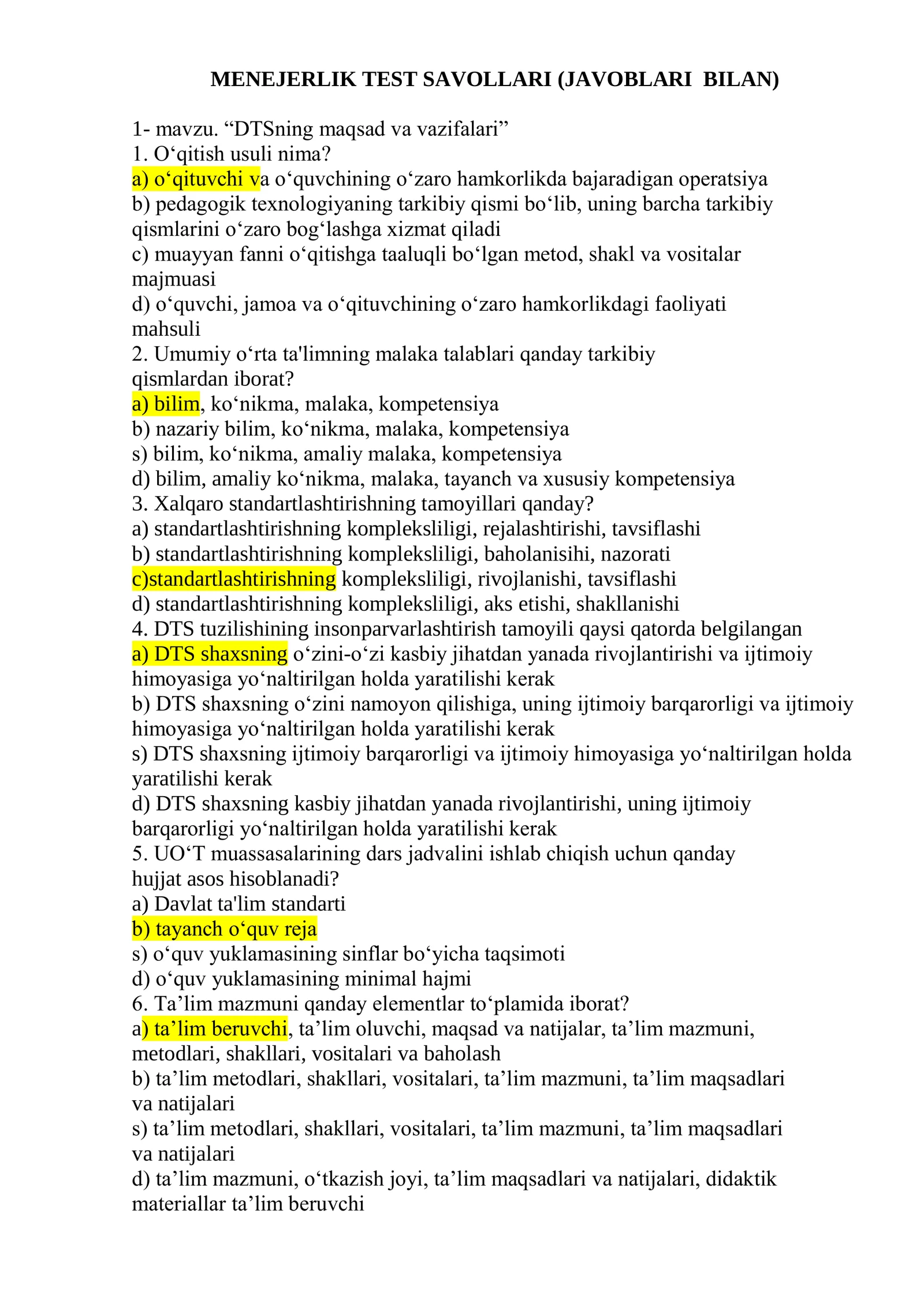 Menejerlik testlari (javoblari bilan)