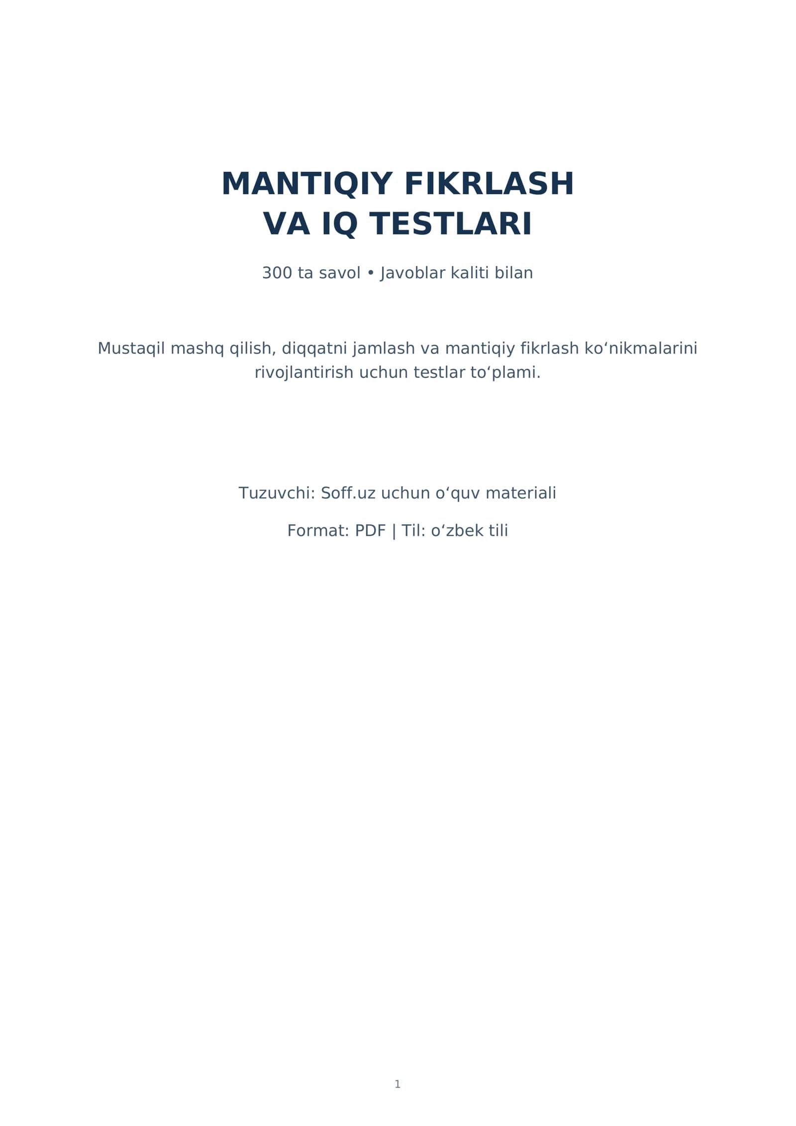 Mantiqiy fikrlash va IQ testlari — 300 ta savol va javoblar