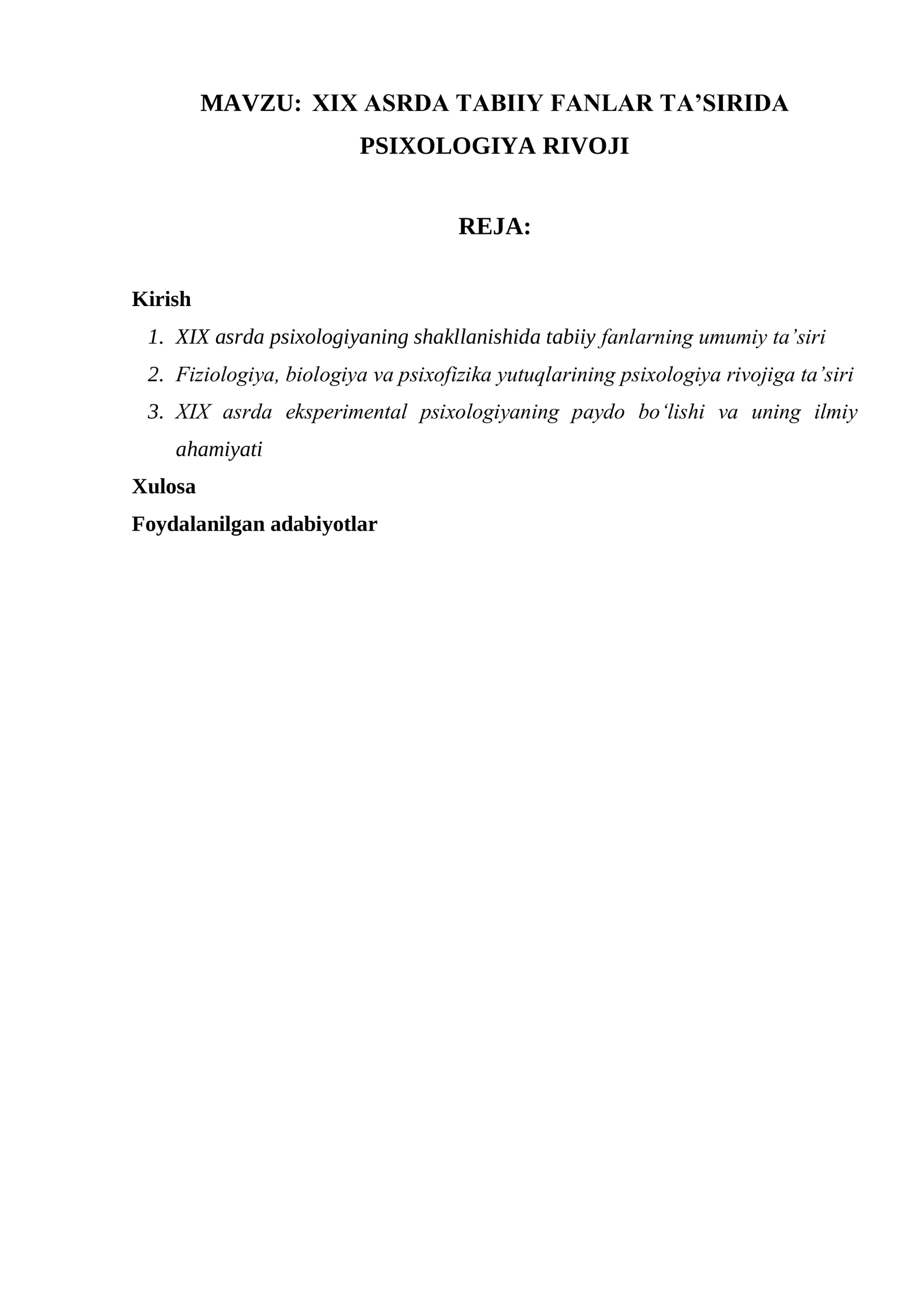 XIX ASRDA TABIIY FANLAR TA’SIRIDA PSIXOLOGIYA RIVOJI