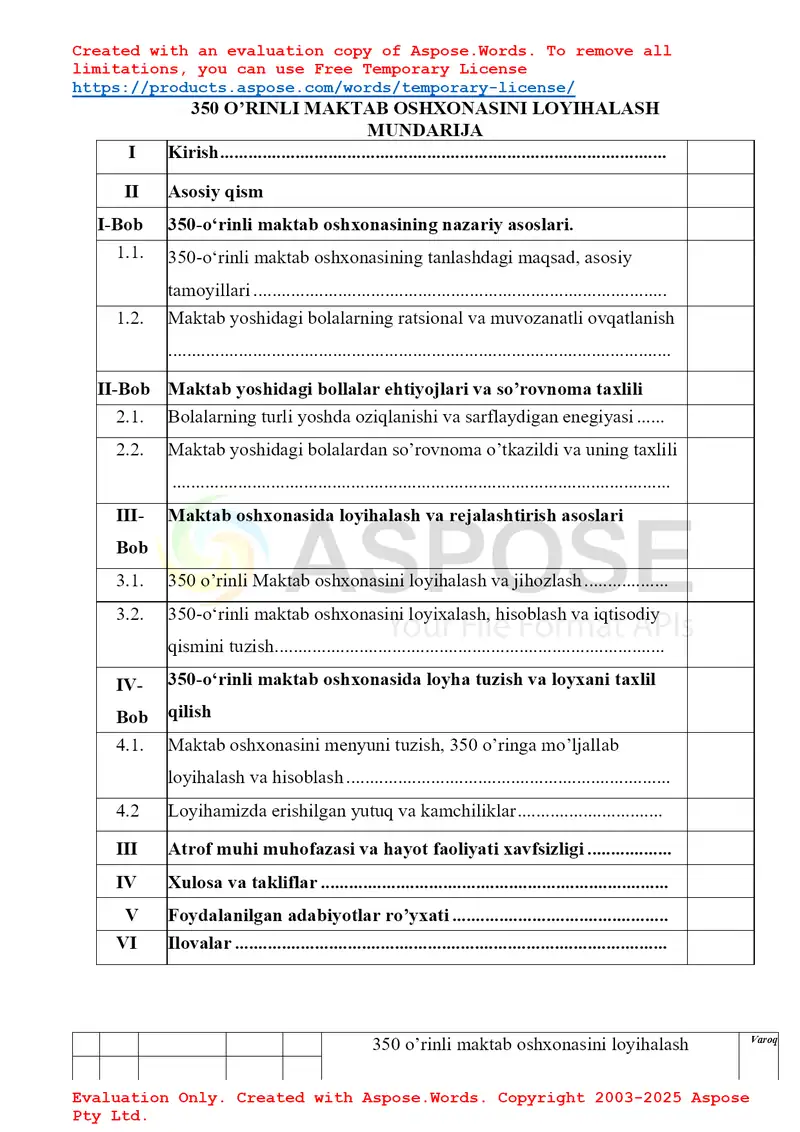 350 o'rinli maktab oshxonasini loyihalash