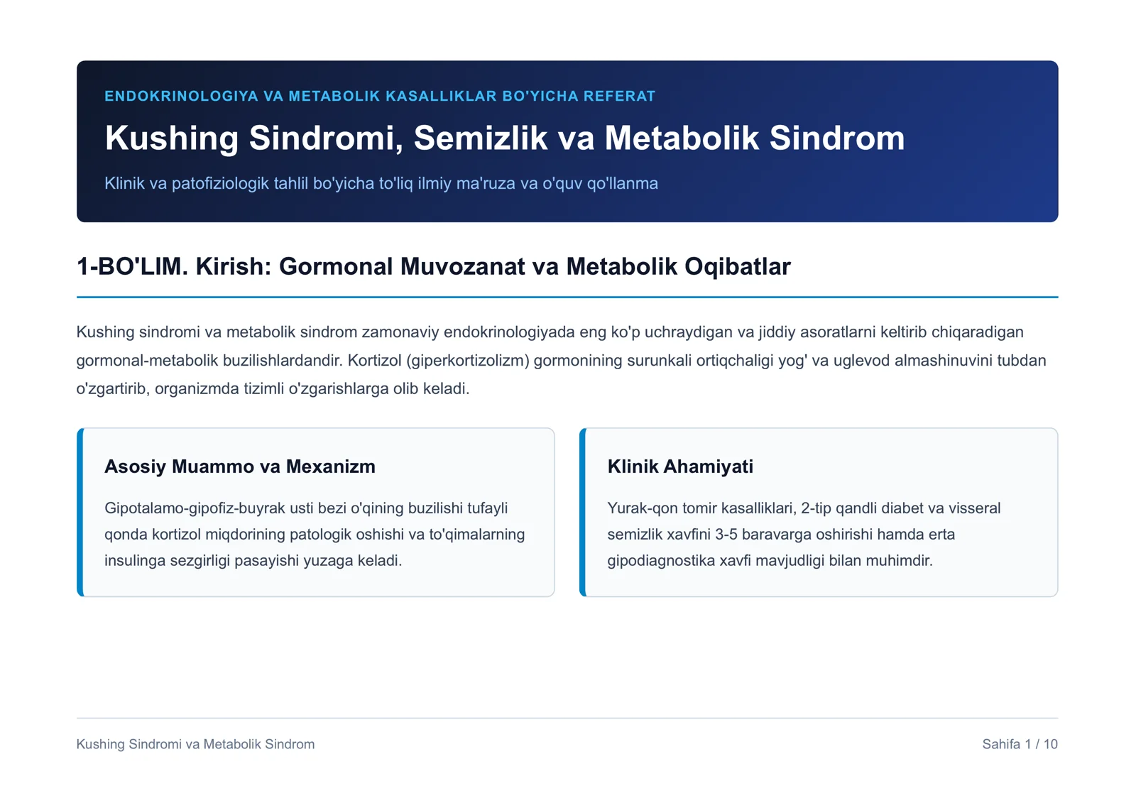 ENDOKRINOLOGIYA VA METABOLIK KASALLIKLAR BO'YICHA REFERAT