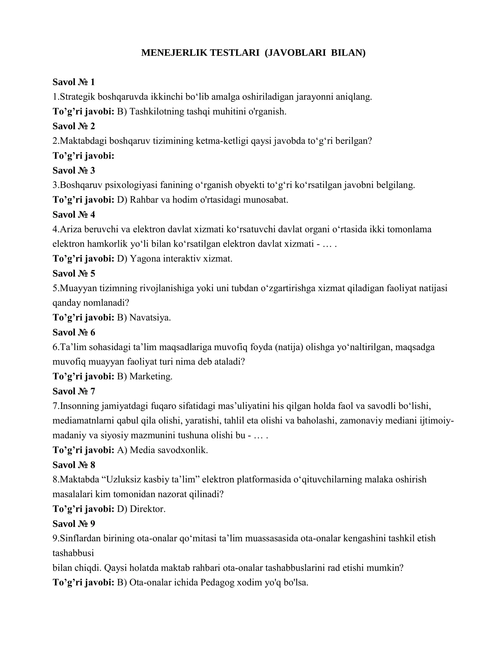 1-Тestlar menejerlik (Javoblari bilan)