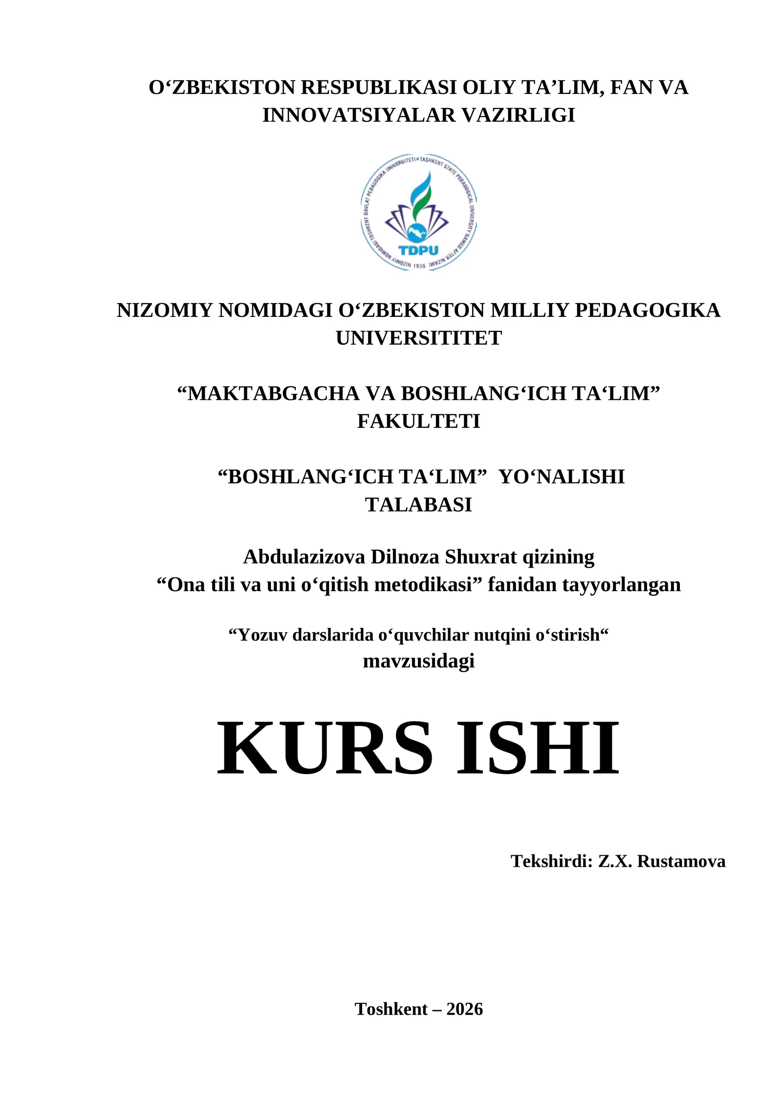 Yozuv darslarida o‘quvchilar nutqini o‘stirish