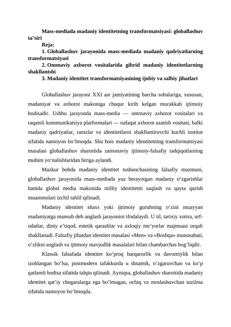 Mass-mediada madaniy identitetning transformatsiyasi