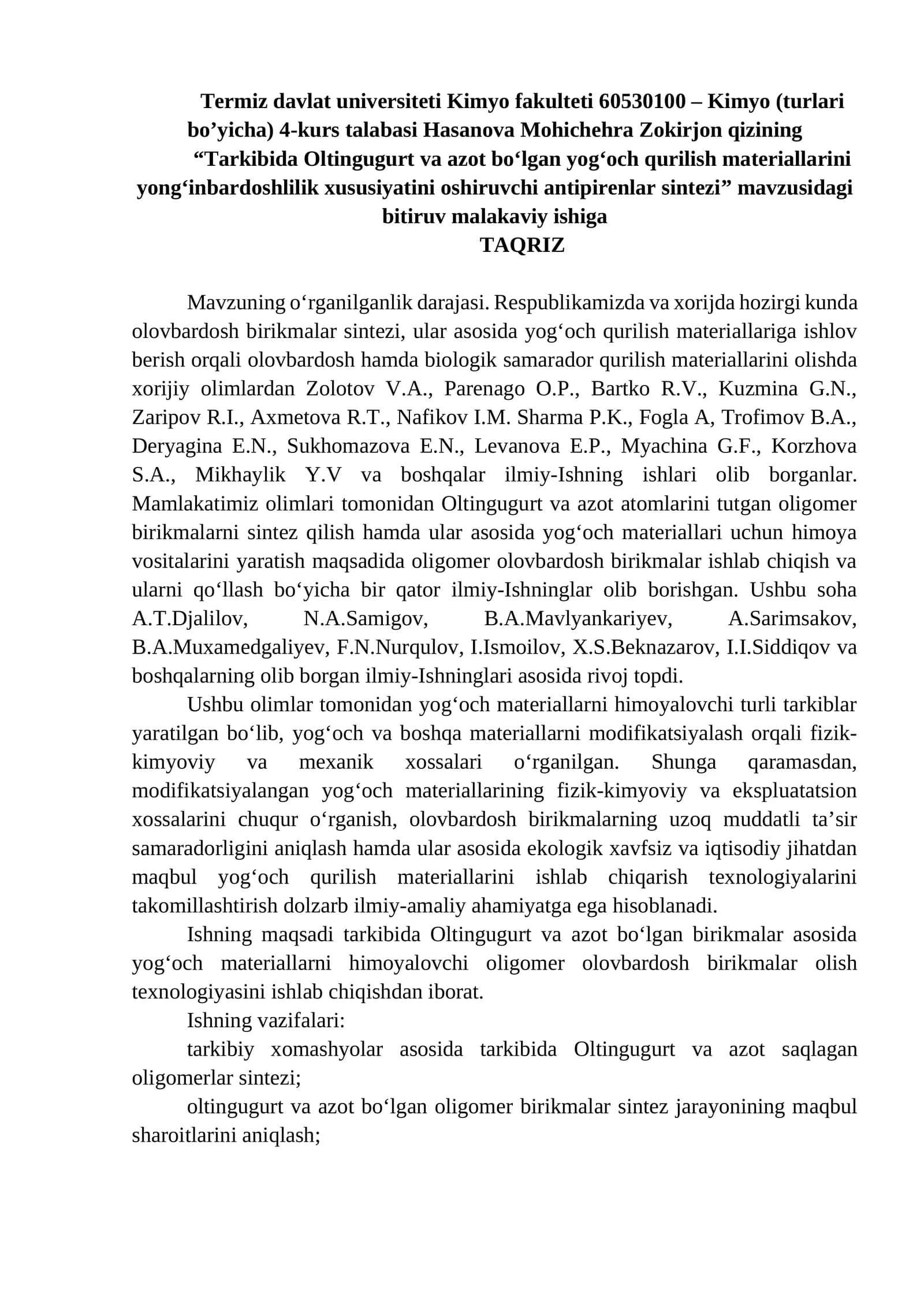 Oltingugurt va Azot Olovbardoshlar Sintezi
