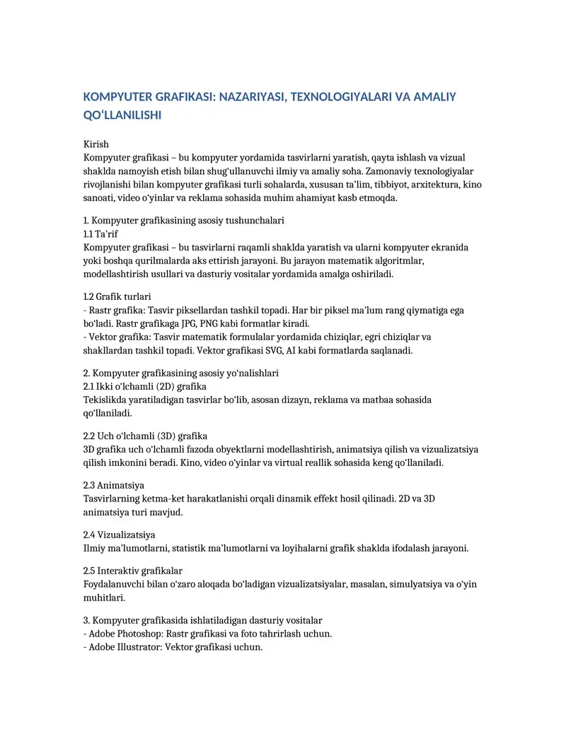 “Kompyuter Grafikasining Sirli Olami – To‘liq Ilmiy va Amaliy Qo‘llanma”