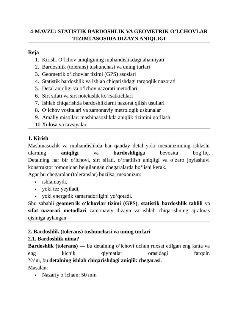 STATISTIK BARDOSHLIK VA GEOMETRIK O‘LCHOVLAR TIZIMI ASOSIDA DIZAYN ANIQLIGI