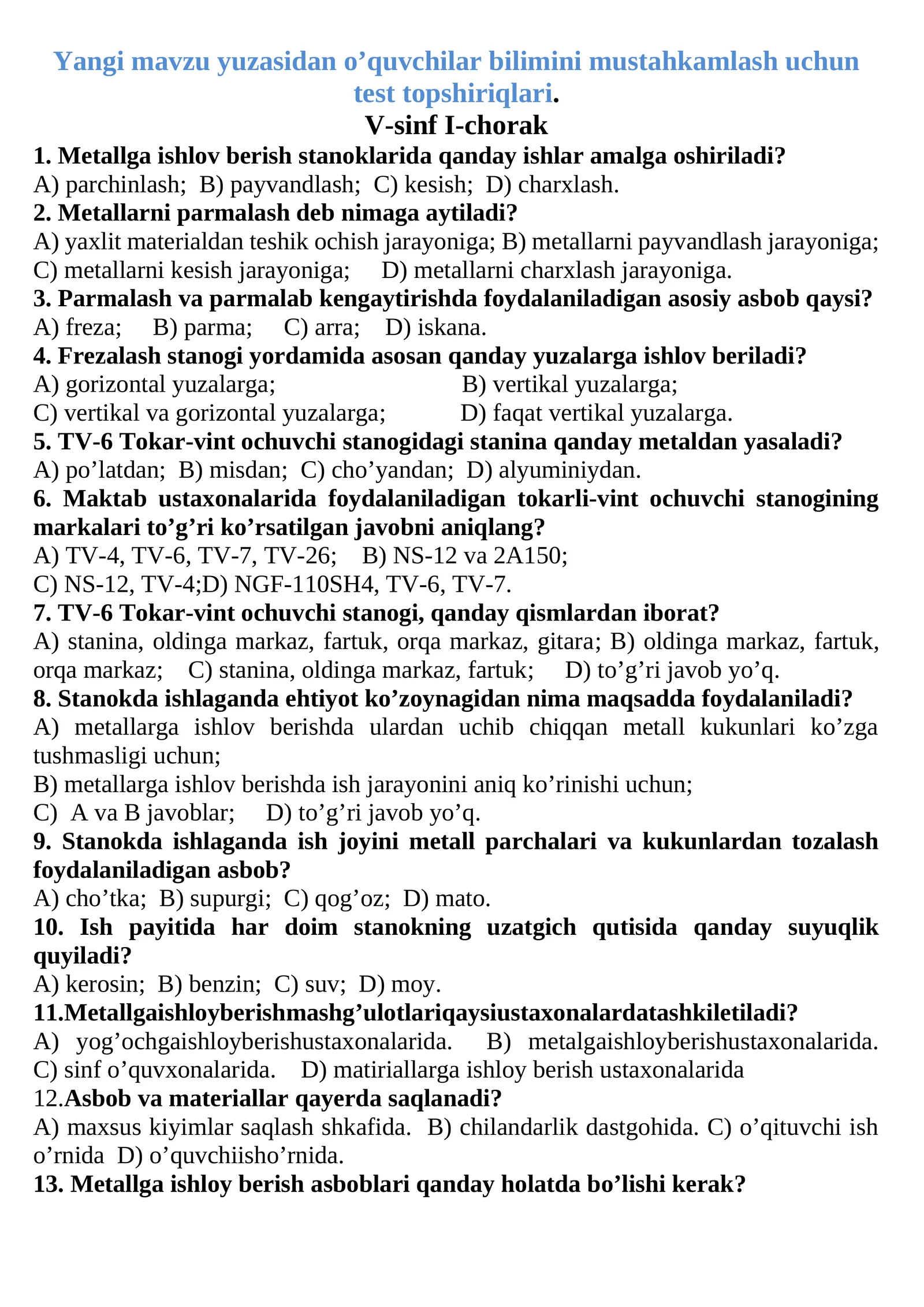 O'quvchilar bilimini mustahkamlash