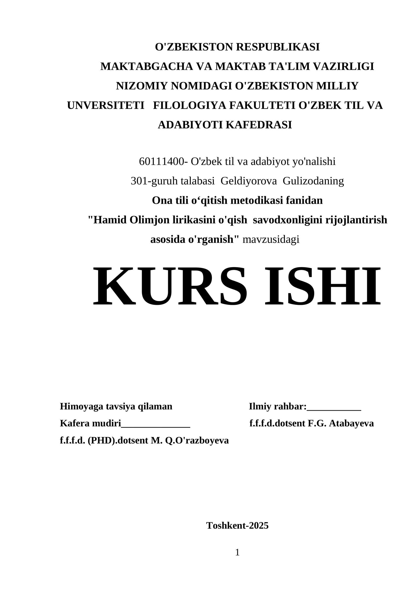Hamid Olimjon lirikasini o'qish  savodxonligini rijojlantirish asosida o'rganish