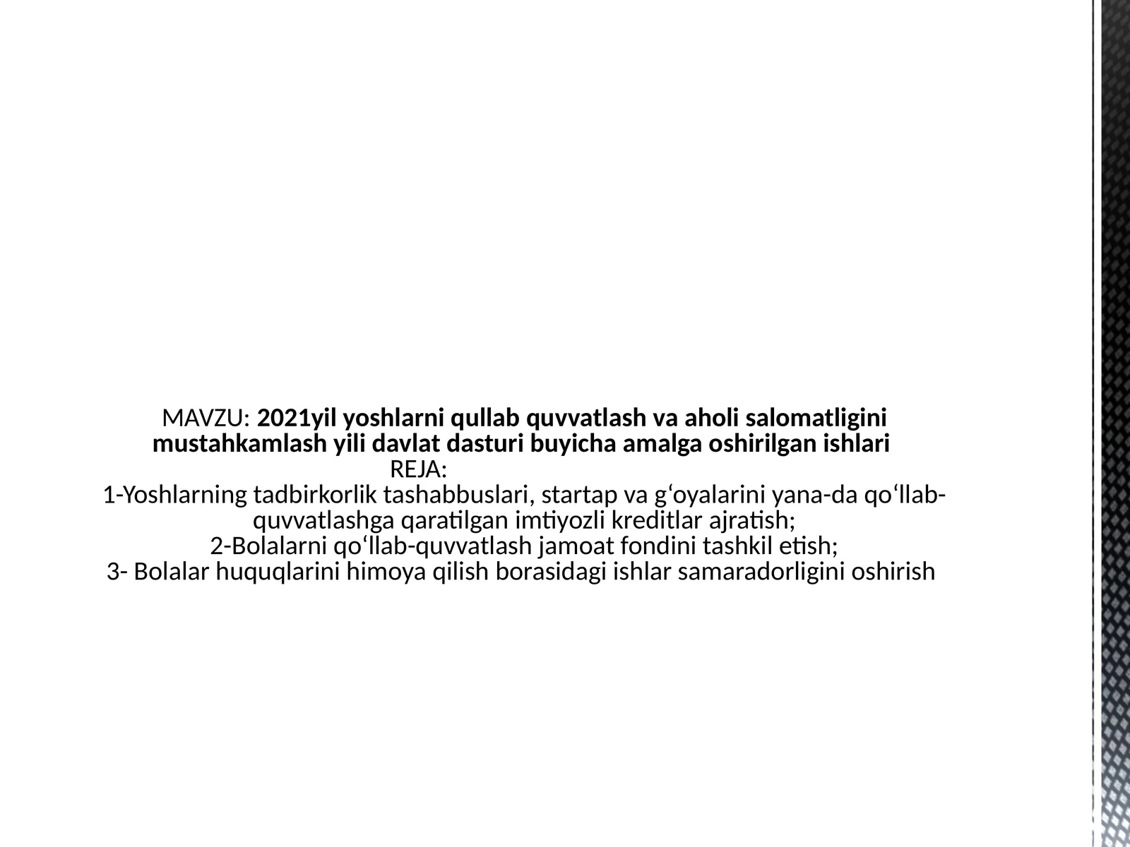 2021 yili yoshlar ni qo'llab-quvvatlash va ahvoli salomatligini mustahkamlash yili