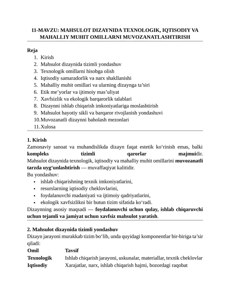 Mahsulot dizaynida texnologik, iqtisodiy va mahalliy muhit omillarni muvozanatlashtirish