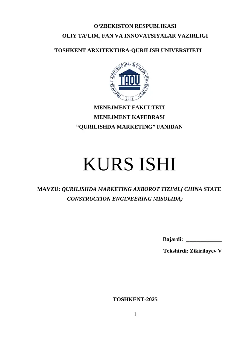 QURILISHDA MARKETING AXBOROT TIZIMI.( CHINA STATE CONSTRUCTION ENGINEERING MISOLIDA)