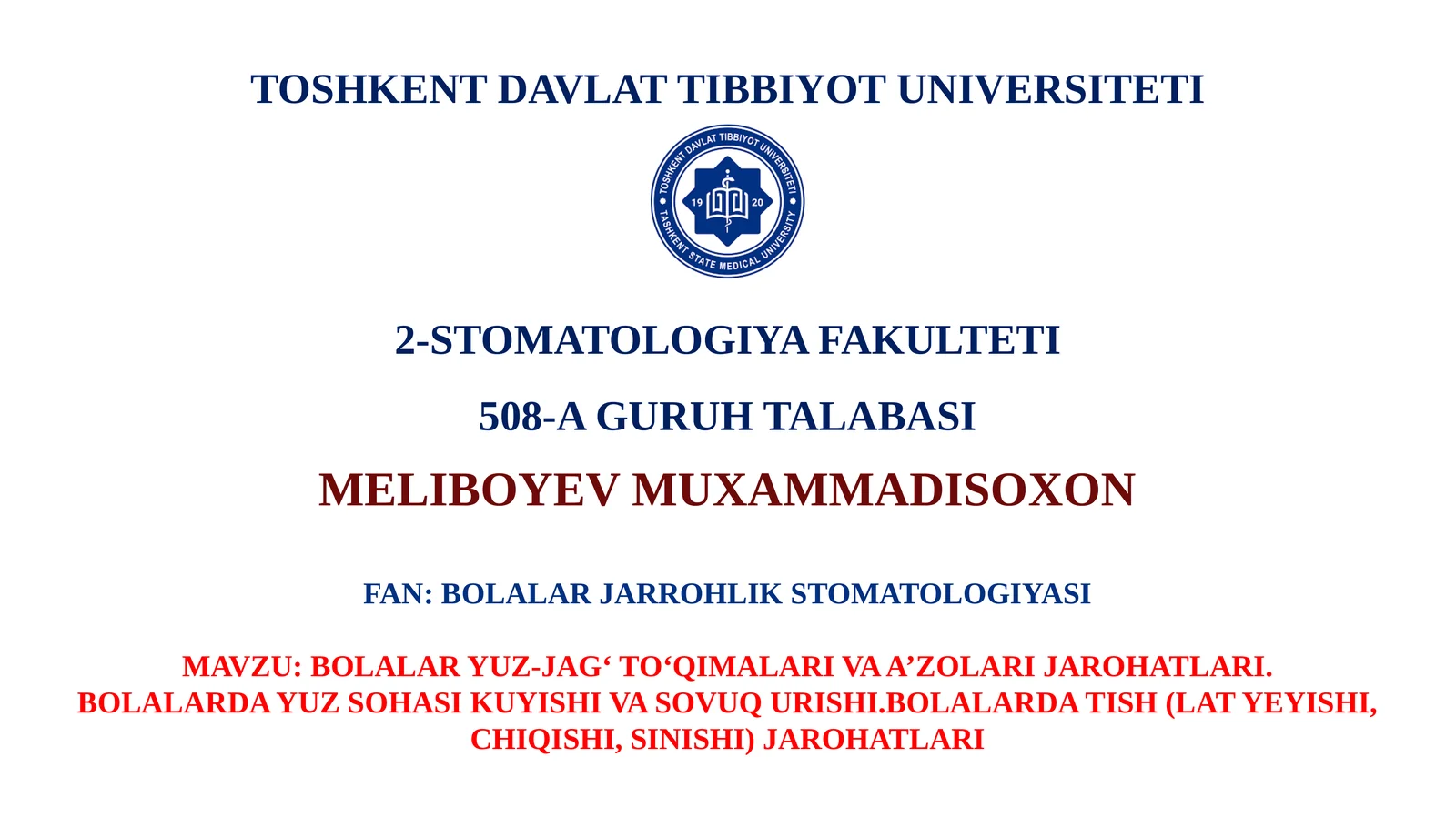 Bolalar Yuz-Jag‘ To‘qimalari va A’zolari Jarohatlari