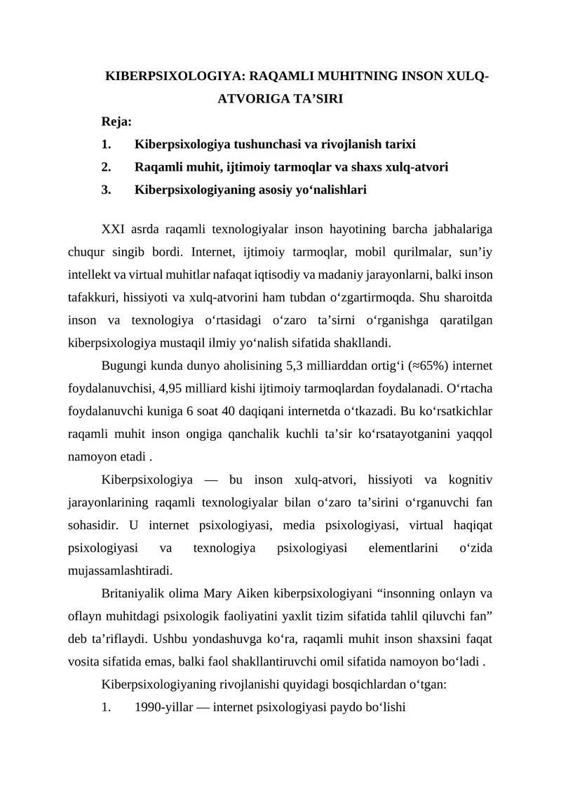 KIBERPSIXOLOGIYA: RAQAMLI MUHITNING INSON XULQ-ATVORIGA TA’SIRI