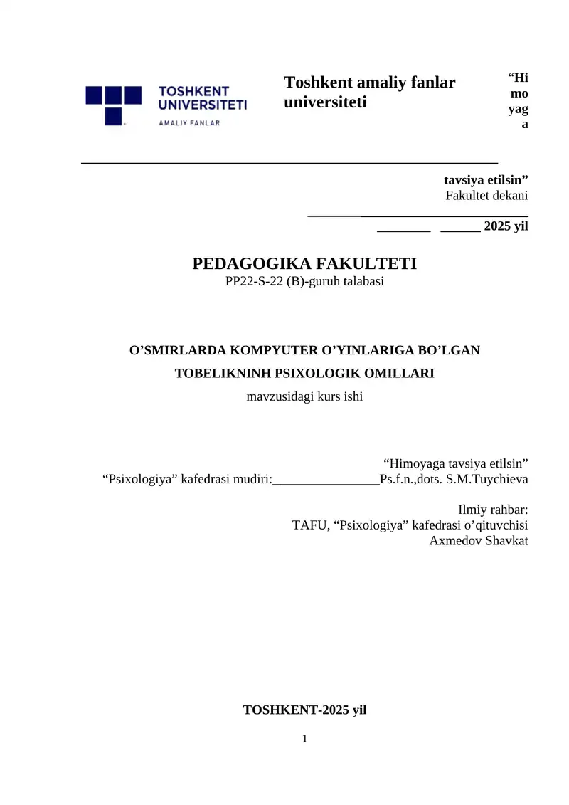 O’SMIRLARDA KOMPYUTER O’YINLARIGA BO’LGAN TOBELIKNINH PSIXOLOGIK OMILLARI