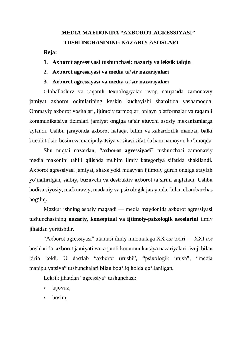 MEDIA MAYDONIDA “AXBOROT AGRESSIYASI” TUSHUNCHASINING NAZARIY ASOSLARI