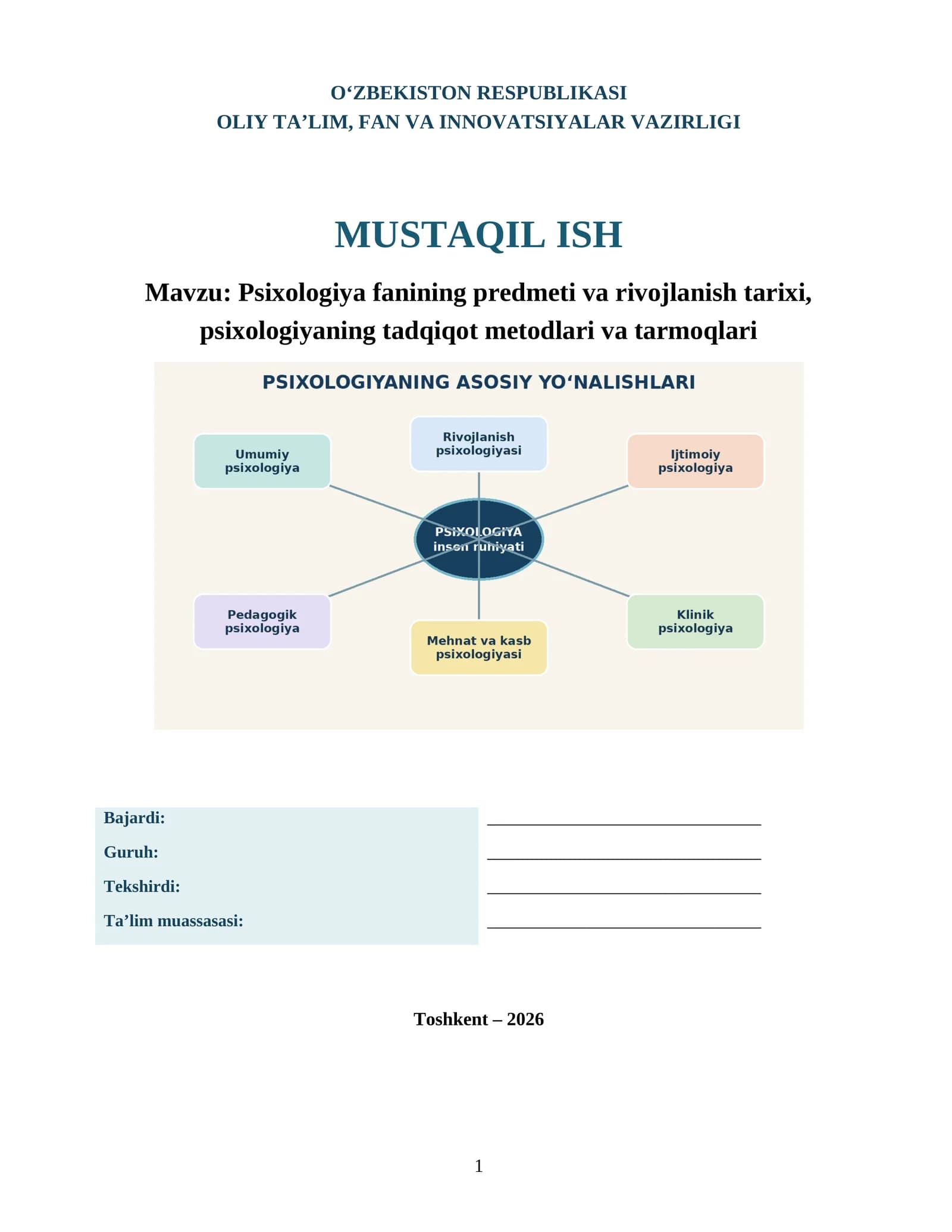 Psixologiya fanining predmeti va rivojlanish tarixi, psixologiyaning tadqiqot metodlari va tarmoqlari