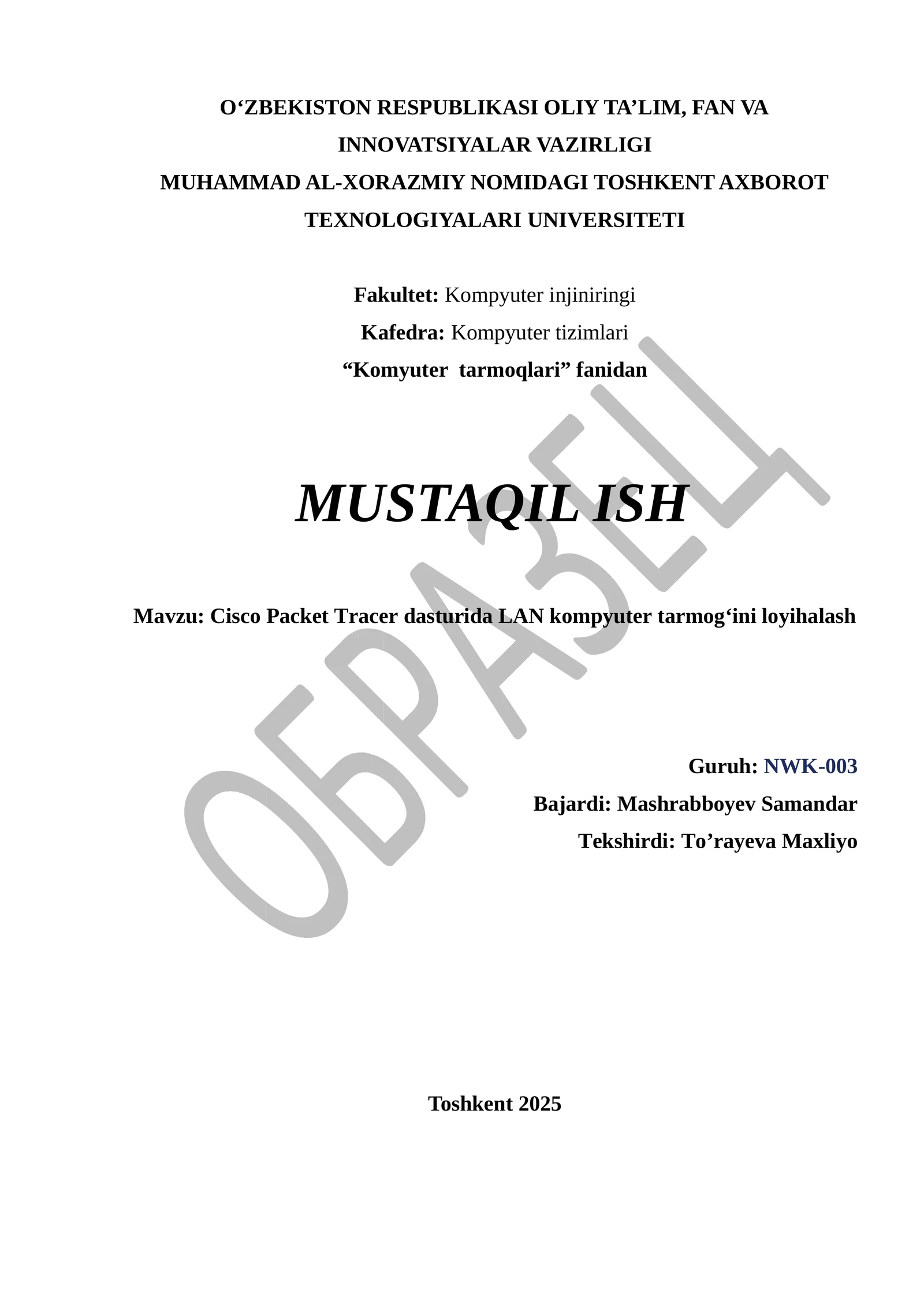 Cisco Packet Tracer dasturida LAN kompyuter tarmog‘ini loyihalash