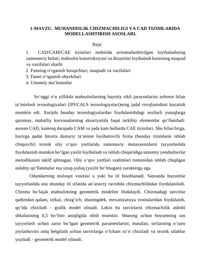 MUHANDISLIK CHIZMACHILIGI VA CAD TIZIMLARIDA MODELLASHTIRISH ASOSLARI