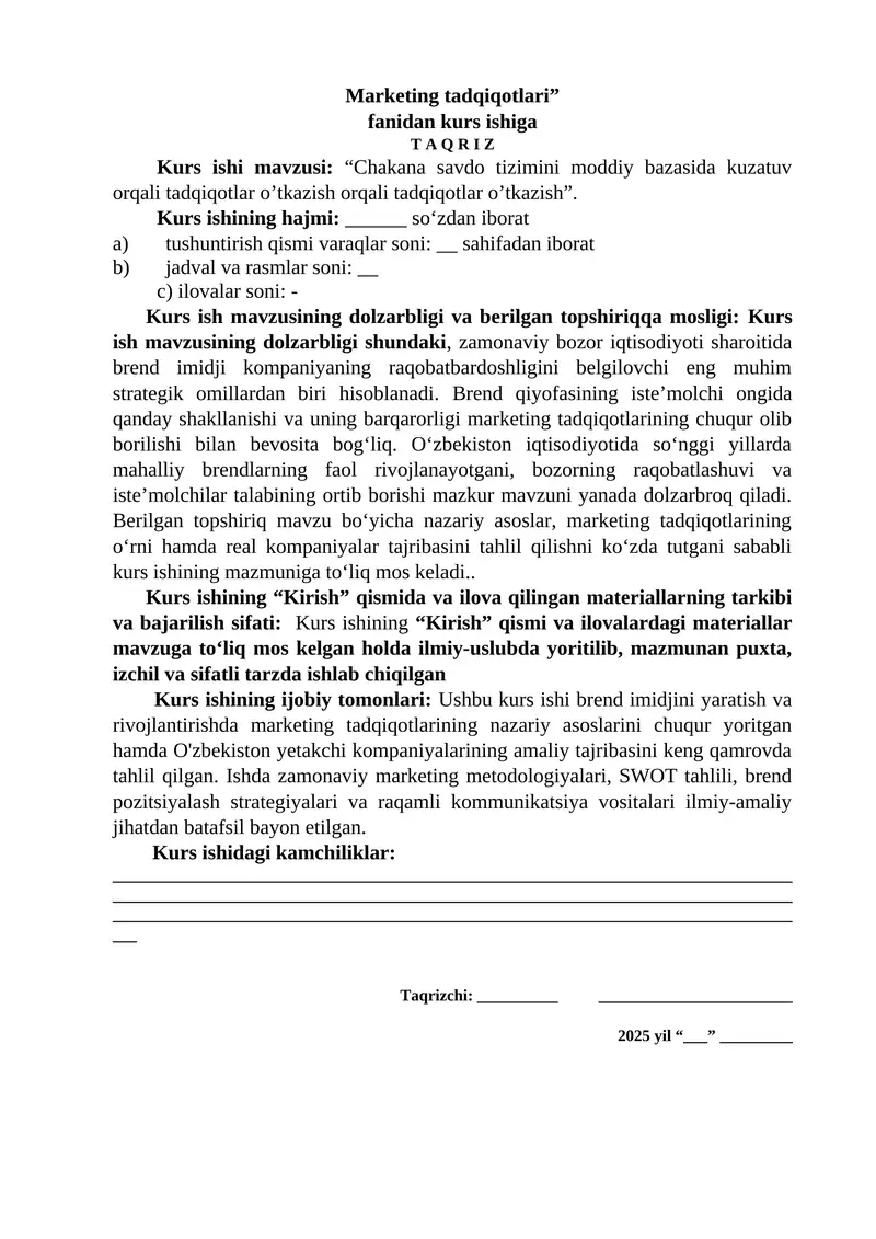 Marjeting tadqiqotlari Kurs ishi
