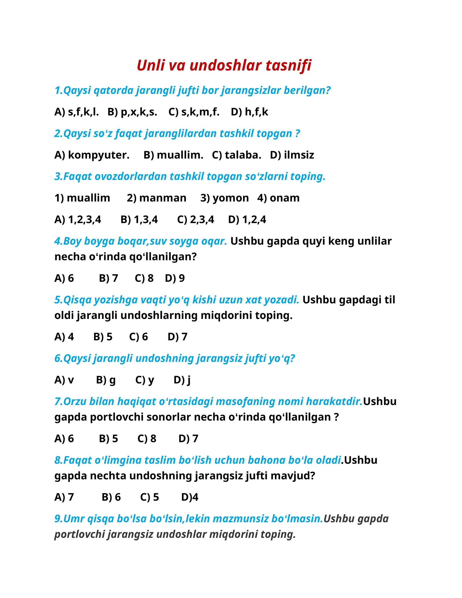 Unli va undoshlar tasnifi