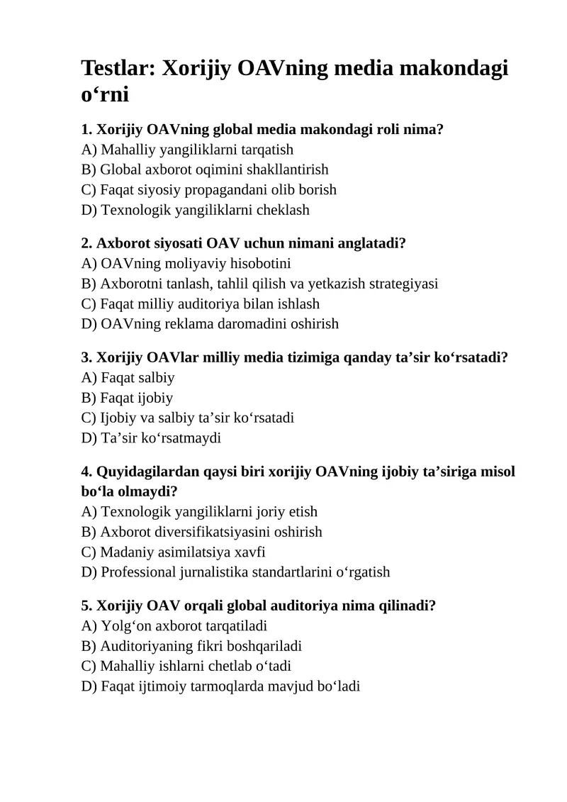 Xorijiy OAVning media makondagi o‘rni