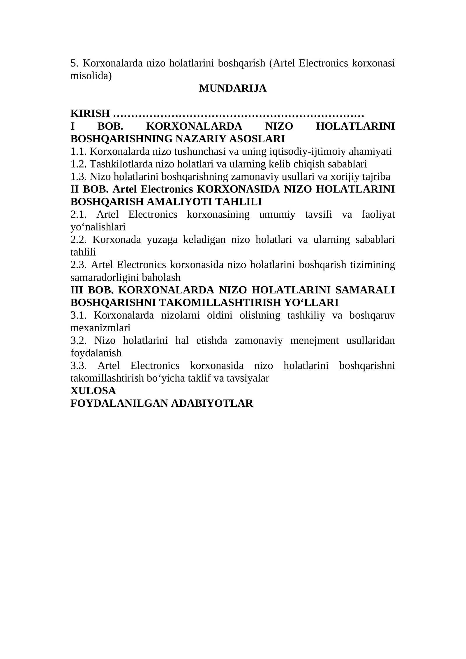 Korxonalarda nizo holatlarini boshqarish