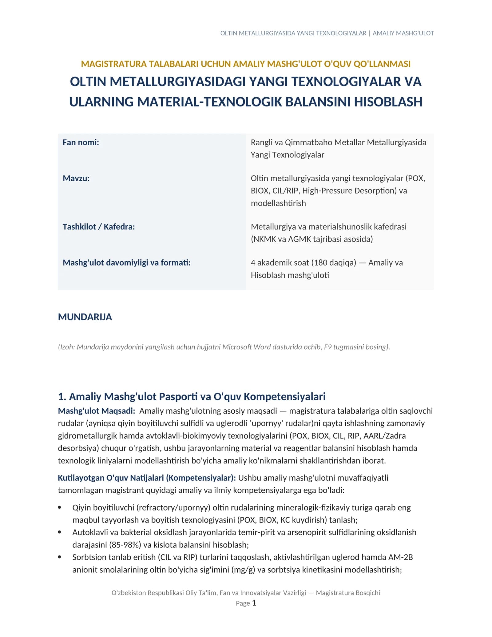 Oltin Metallurgiyasida Yangi Texnologiyalar | Amaliy Mashg'ulot