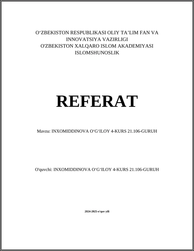 INXOMIDDINOVA O‘G‘ILOY 4-KURS 21.106-GURUH