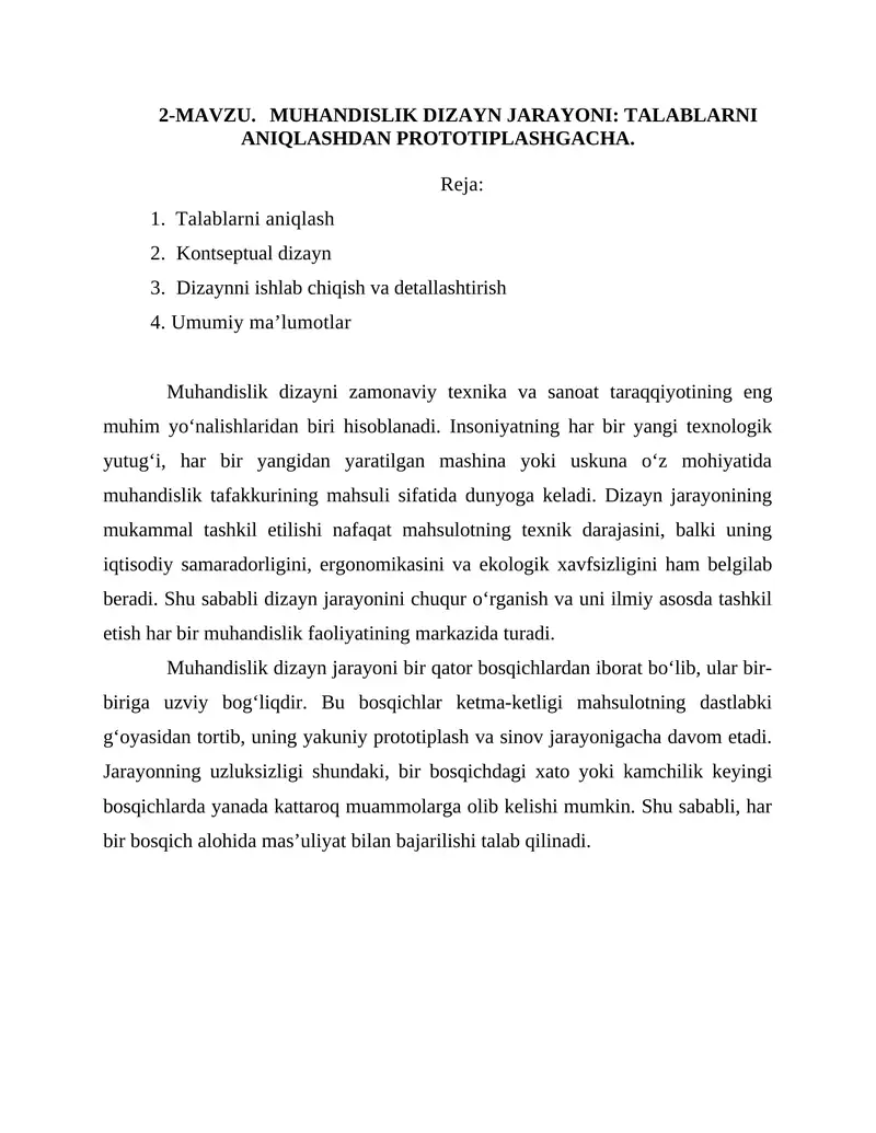 MUHANDISLIK DIZAYN JARAYONI: TALABLARNI ANIQLASHDAN PROTOTIPLASHGACHA