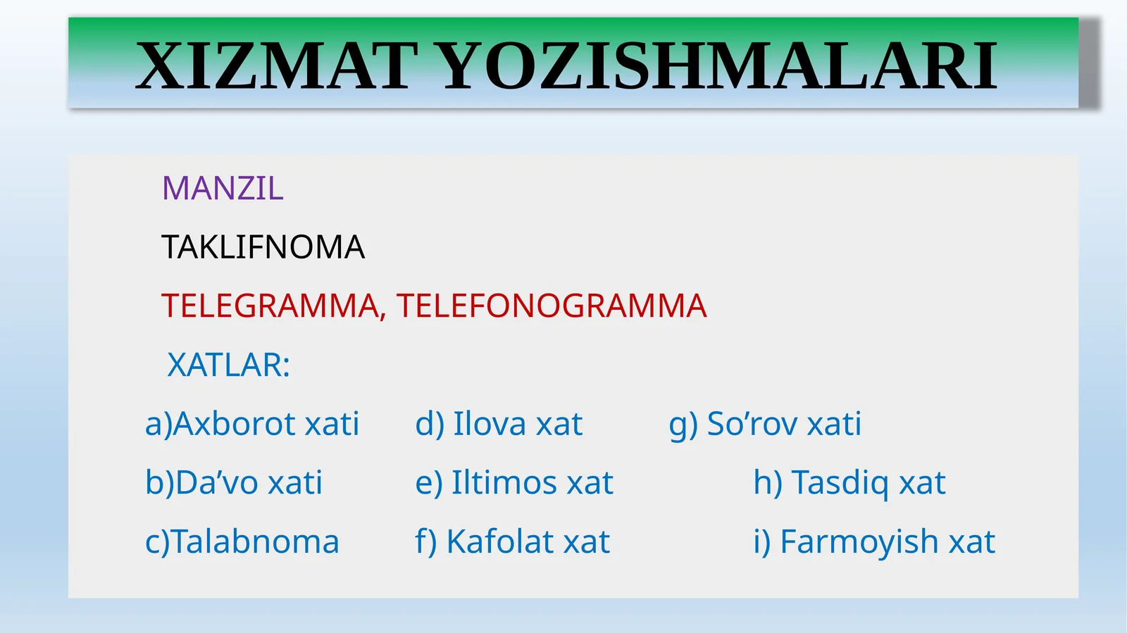 XIZMAT YOZISHMALARI