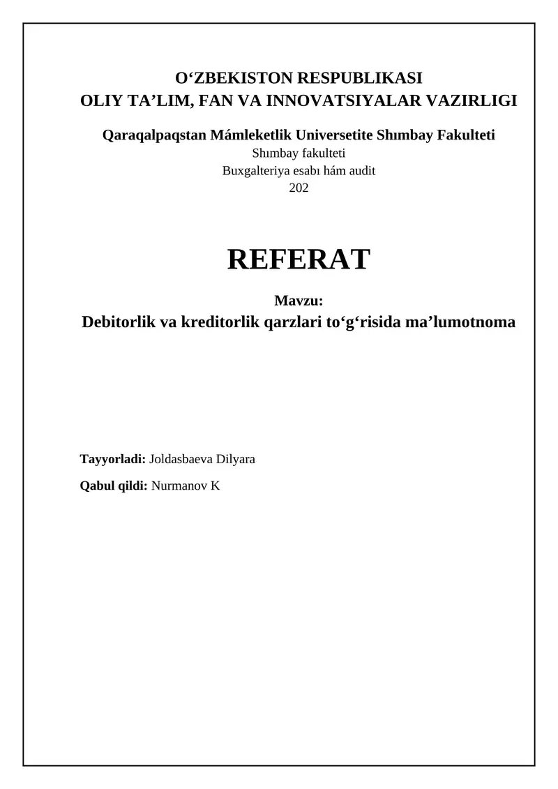 Debitorlik va kreditorlik qarzlari to‘g‘risida ma’lumotnoma