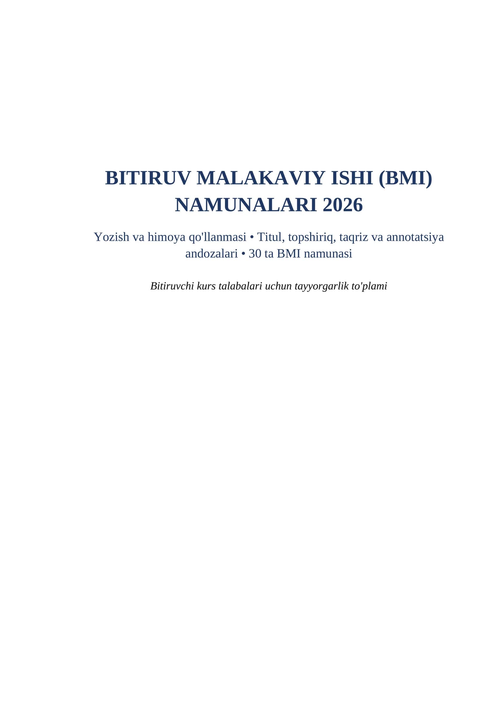 BMI bitiruv malakaviy ishi namunalari 2026 word titul varagi himoya nutqi bilan tayyorgarlik toplami