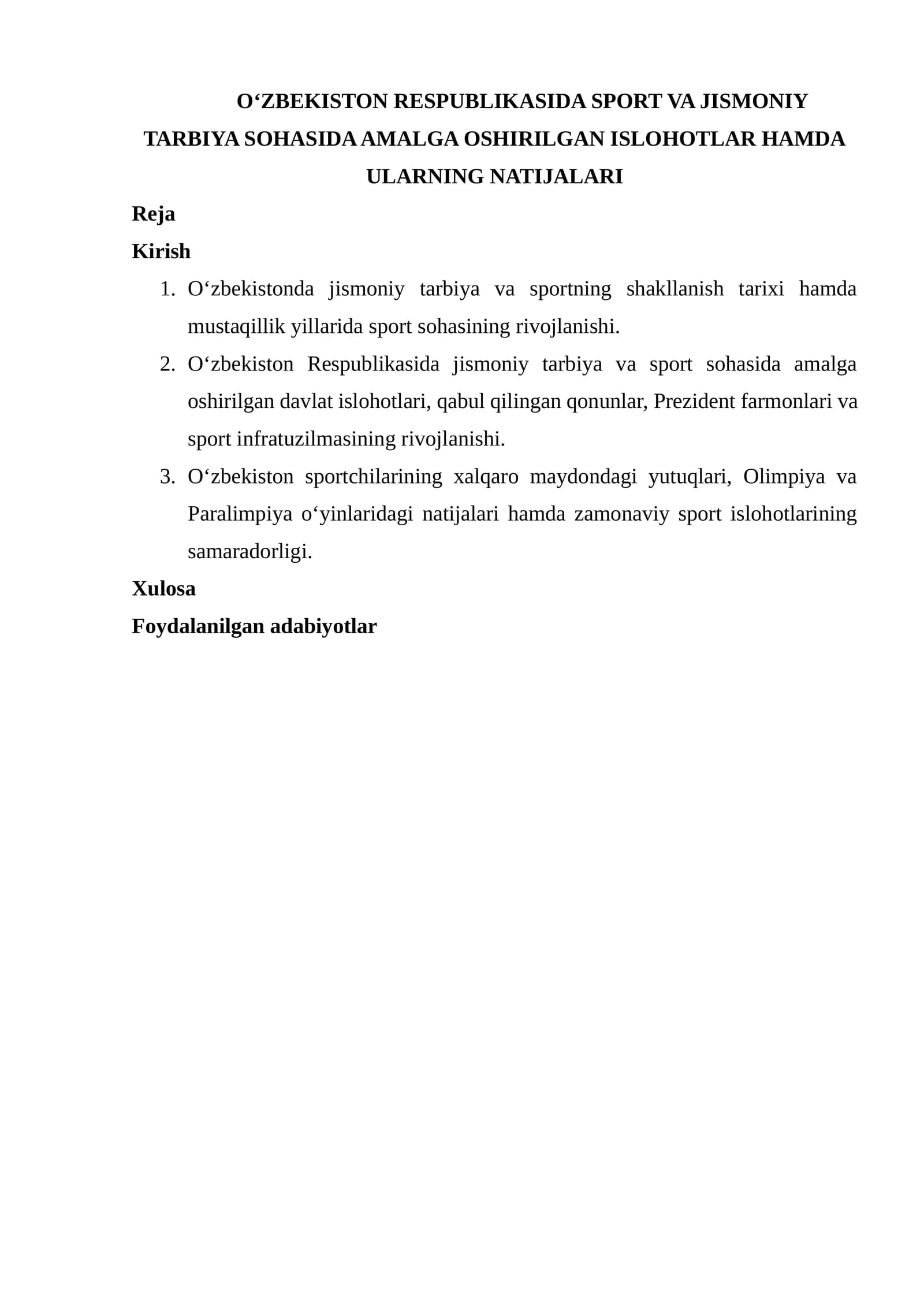 O‘ZBEKISTON RESPUBLIKASIDA SPORT VA JISMONIY TARBIYA SOHASIDA AMALGA OSHIRILGAN ISLOHOTLAR HAMDA ULARNING NATIJALARI