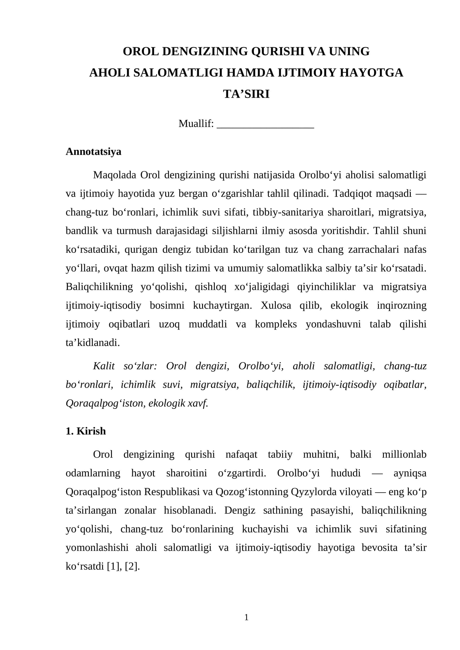 OROL DENGIZINING QURISHI VA UNING AHOLI SALOMATLIGI HAMDA IJTIMOIY HAYOTGA TA’SIRI