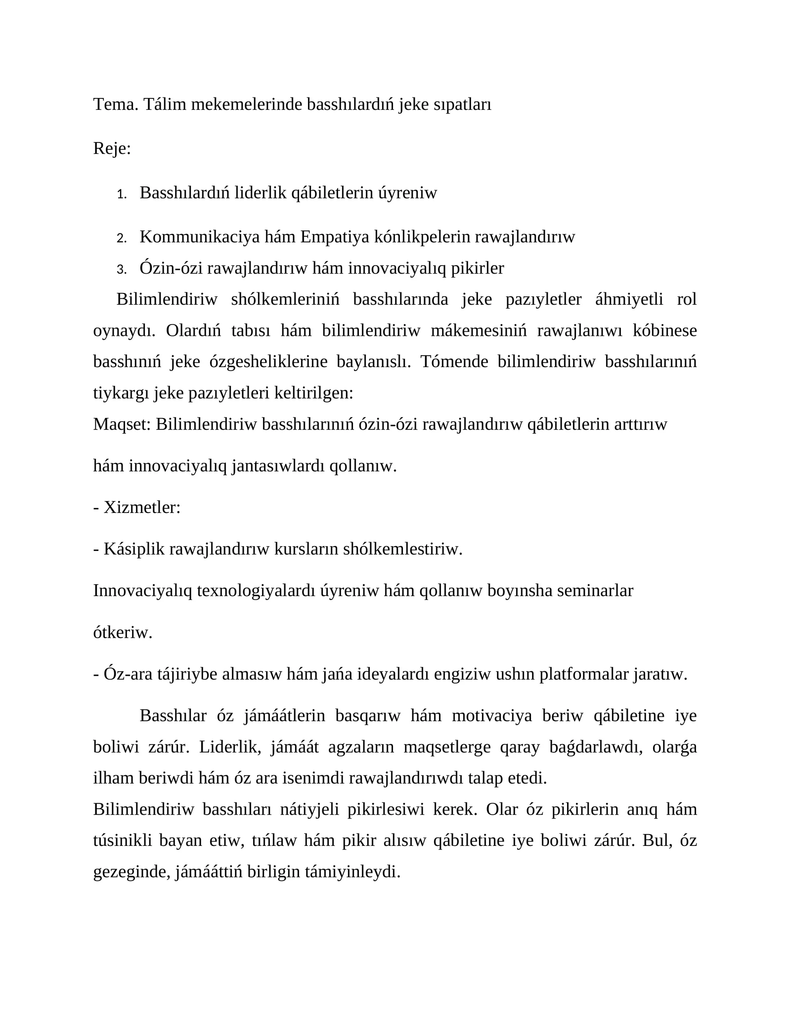 Tálim mekemelerinde basshılardıń jeke sıpatları