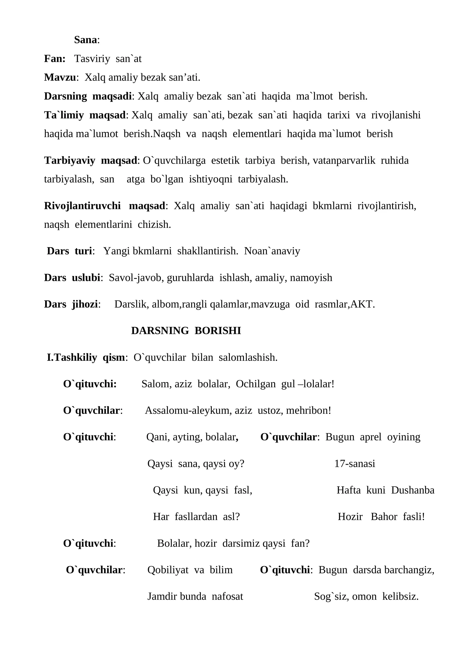 2-sinf Tasviriy san'at Xalq amaliy bezak san'ati mavzusida dars ishlanma