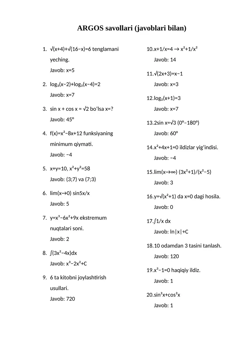 ARGOS savollari (javoblari bilan)