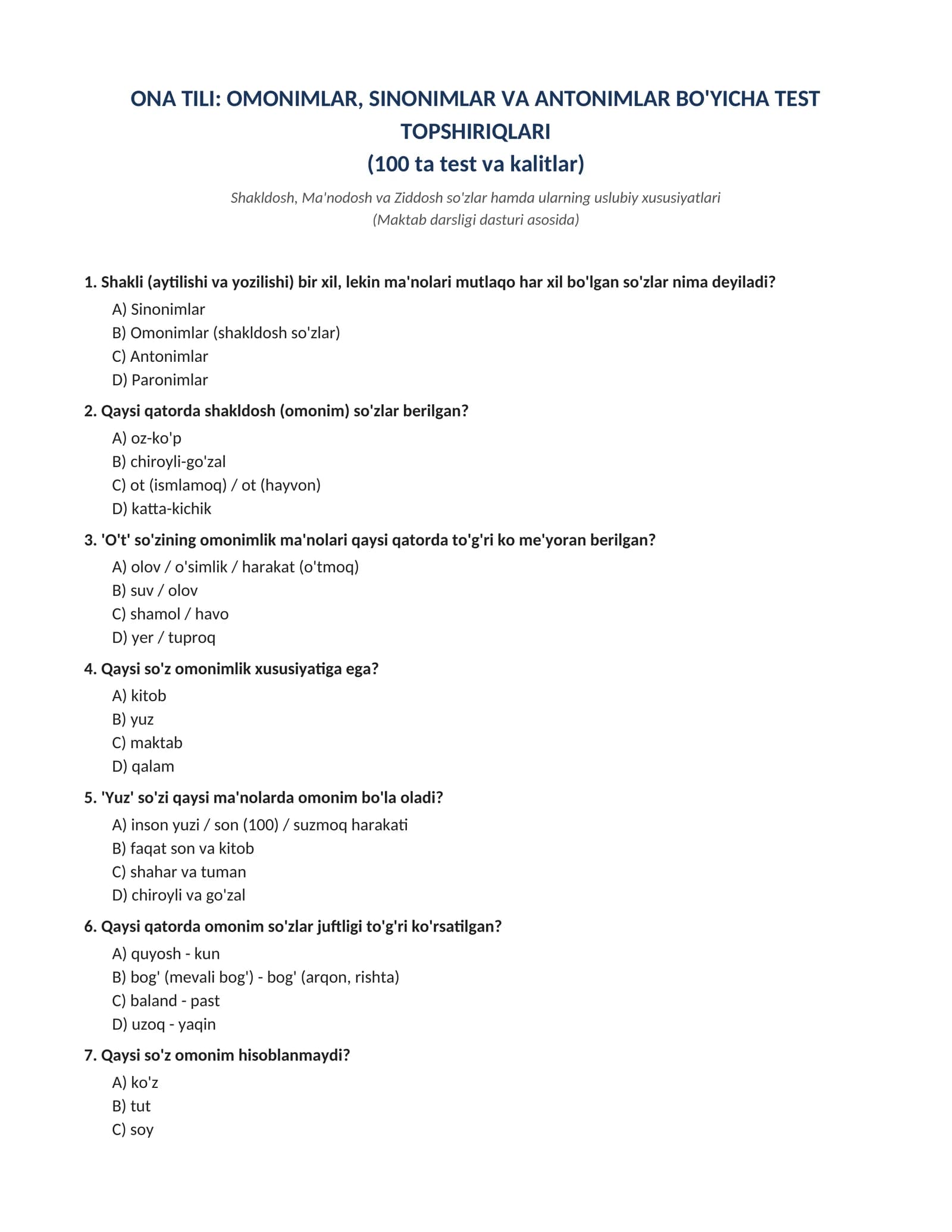 ONA TILI: OMONIMLAR, SINONIMLAR VA ANTONIMLAR BO'YICHA TEST  TOPSHIRIQLARI (100 ta test va kalitlar)