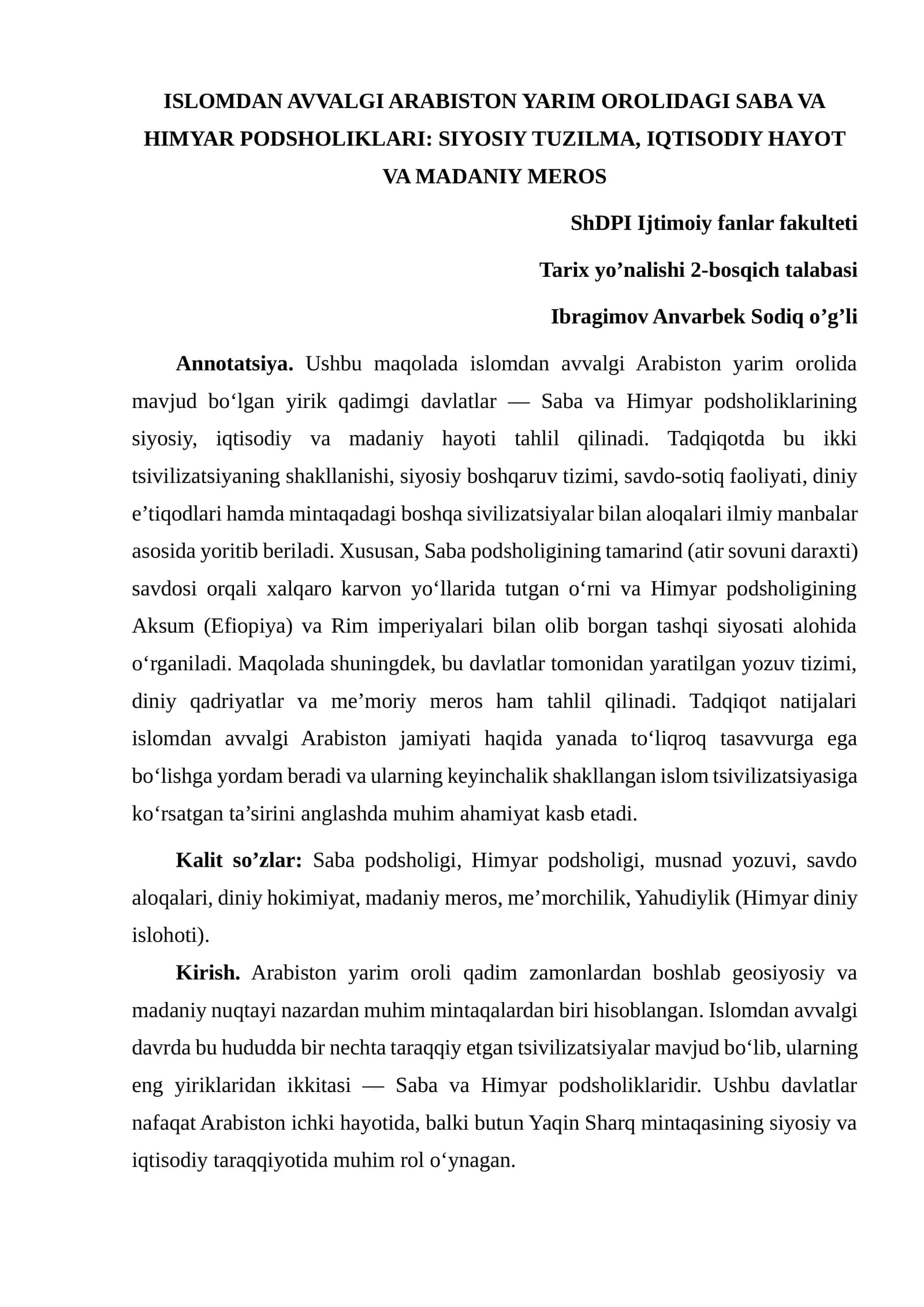 ISLOMDAN AVVALGI ARABISTON YARIM OROLIDAGI SABA VA HIMYAR PODSHOLIKLARI: SIYOSIY TUZILMA, IQTISODIY HAYOT VA MADANIY MEROS