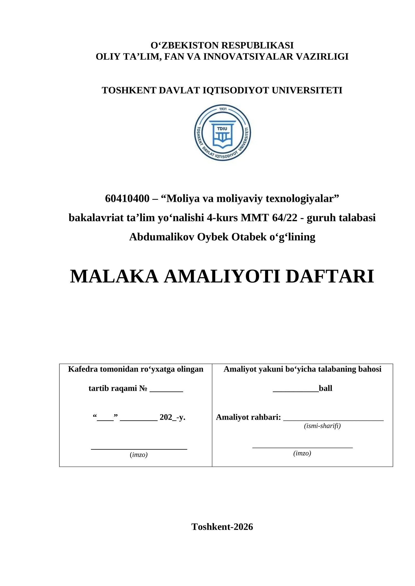 MALAKA AMALIYOTI DAFTARI