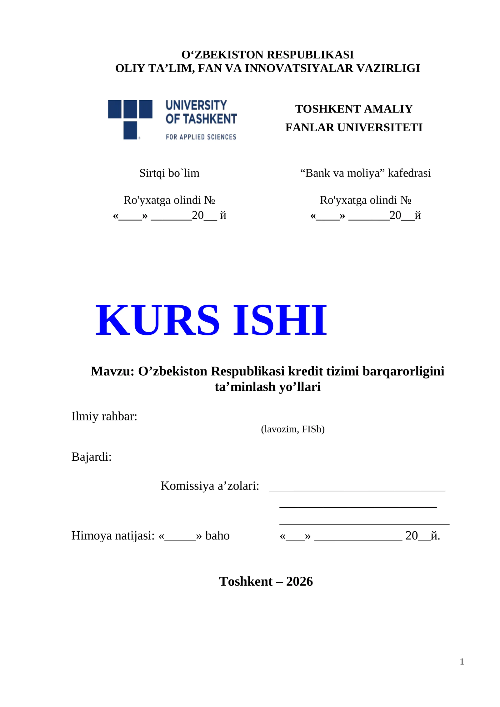 O’zbekiston Respublikasi kredit tizimi barqarorligini ta’minlash yo’llari