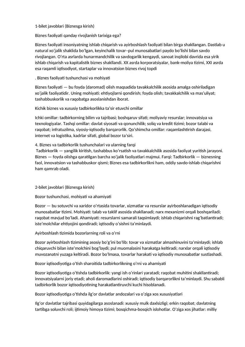 biznesga krish fanidan yakuni javoblari bilan